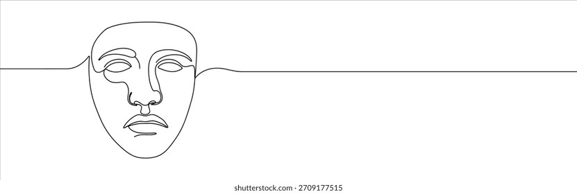 Greek mask continuous one line drawing. Theatre symbol.