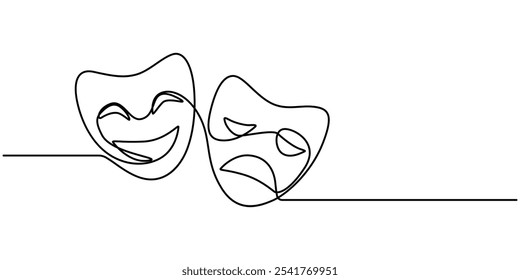 Máscara grega um desenho de linha, símbolos de evento de ópera desenho contínuo, máscara um vetor de linha isolado elemento de design, teatro humor sorriso máscara uma linha contínua arte de linha, Teatro máscara tragédia.