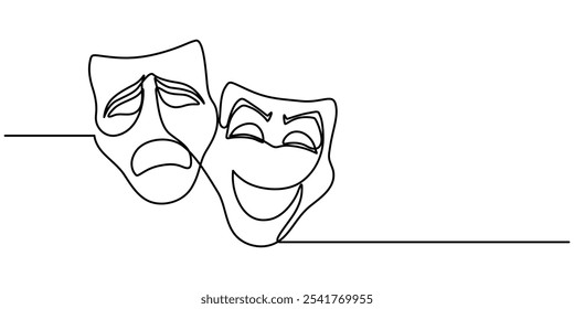 Máscara grega um desenho de linha, símbolos de evento de ópera desenho contínuo, máscara um vetor de linha isolado elemento de design, teatro humor sorriso máscara uma linha contínua arte de linha, Teatro máscara tragédia.