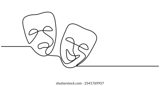 Greek mask one line drawing, opera event symbols continuous hand drawn, mask one line vector isolated design element, theater humor smile mask one line continuous line art, Theater mask tragedy.