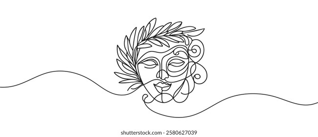 Greek mask, one line drawing, opera event symbols, continuous hand drawing, mask, theatrical humorous smile, one line continuous line, tragedy in theatrical mask. Vector illustration.