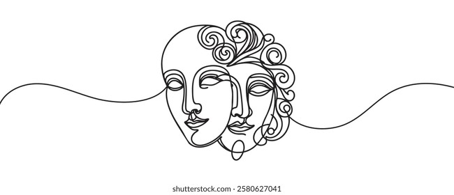 Greek mask, one line drawing, opera event symbols, continuous hand drawing, mask, theatrical humorous smile, one line continuous line, tragedy in theatrical mask. Vector illustration.