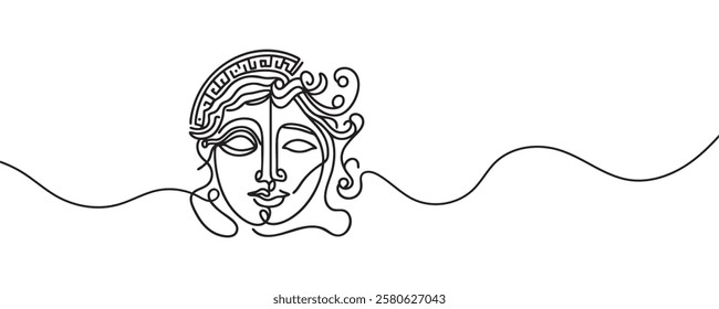 Greek mask, one line drawing, opera event symbols, continuous hand drawing, mask, theatrical humorous smile, one line continuous line, tragedy in theatrical mask. Vector illustration.