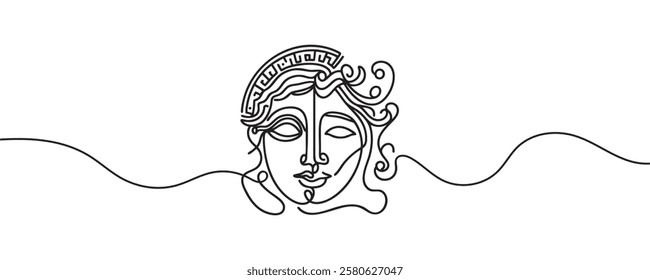 Greek mask, one line drawing, opera event symbols, continuous hand drawing, mask, theatrical humorous smile, one line continuous line, tragedy in theatrical mask. Vector illustration.