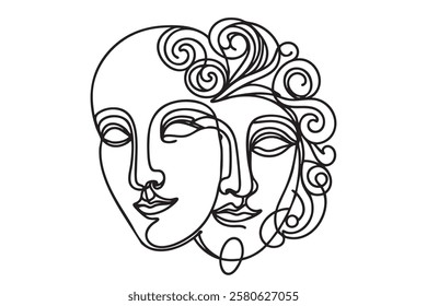 Greek mask, one line drawing, opera event symbols, continuous hand drawing, mask, theatrical humorous smile, one line continuous line, tragedy in theatrical mask. Vector illustration.