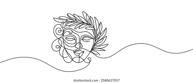 Greek mask, one line drawing, opera event symbols, continuous hand drawing, mask, theatrical humorous smile, one line continuous line, tragedy in theatrical mask. Vector illustration.