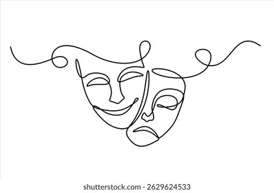 Greek mask one line drawing, opera event symbols continuous hand drawn, mask one line vector. Editable stroke, theater humor smile mask one line continuous line art, Theater mask tragedy. 