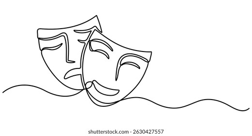 Greek mask one line drawing, opera event symbols continuous hand drawn, mask one line vector isolated design element, theater humor smile mask one line continuous line art, Theater mask tragedy.