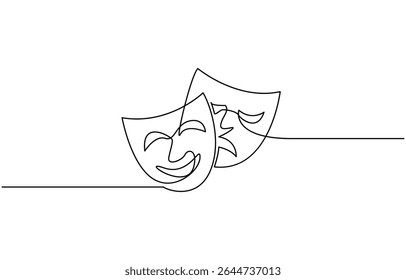 Greek mask one line drawing, opera event symbols continuous hand drawn, mask one line vector isolated design element, opera event symbols continuous hand drawn.