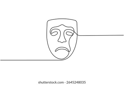 Máscara grega um desenho de linha, símbolos de evento de ópera desenhado à mão contínua, máscara um vetor de linha isolado elemento de design, teatro humor sorriso máscara uma linha de arte de linha contínua, ilustração vetorial.
