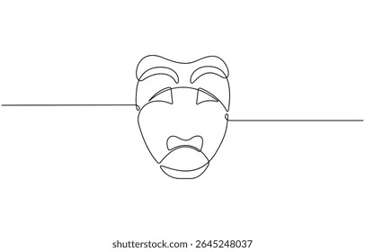 Máscara grega um desenho de linha, símbolos de evento de ópera desenhado à mão contínua, máscara um vetor de linha isolado elemento de design, teatro humor sorriso máscara uma linha de arte de linha contínua, ilustração vetorial.