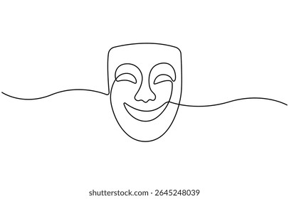 Máscara grega um desenho de linha, símbolos de evento de ópera desenhado à mão contínua, máscara um vetor de linha isolado elemento de design, teatro humor sorriso máscara uma linha de arte de linha contínua, ilustração vetorial.