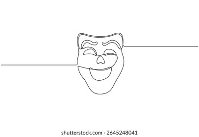Máscara grega um desenho de linha, símbolos de evento de ópera desenhado à mão contínua, máscara um vetor de linha isolado elemento de design, teatro humor sorriso máscara uma linha de arte de linha contínua, ilustração vetorial.
