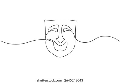 Máscara grega um desenho de linha, símbolos de evento de ópera desenhado à mão contínua, máscara um vetor de linha isolado elemento de design, teatro humor sorriso máscara uma linha de arte de linha contínua, ilustração vetorial.