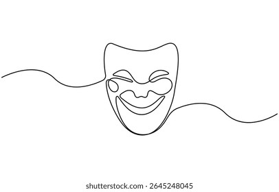 Máscara grega um desenho de linha, símbolos de evento de ópera desenhado à mão contínua, máscara um vetor de linha isolado elemento de design, teatro humor sorriso máscara uma linha de arte de linha contínua, ilustração vetorial.