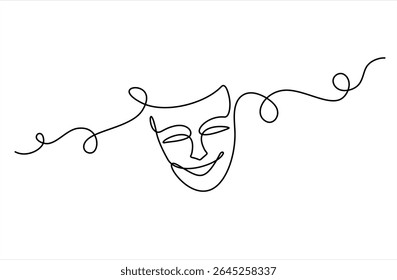Máscara grega um desenho de linha, símbolos de evento de ópera desenhado à mão contínua, máscara um vetor de linha. Curso editável, humor de teatro sorriso máscara uma linha contínua arte da linha.	