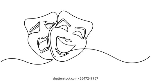 Greek mask one line drawing, opera event symbols continuous hand drawn, mask one line vector isolated design element, isolated on white background, Theater Sign Line Icon Editable .