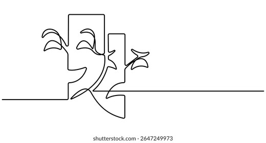 Greek mask one line drawing, opera event symbols continuous hand drawn, mask one line vector isolated design element, isolated on white background, Theater Sign Line Icon Editable .