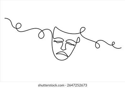 Greek mask one line drawing, opera event symbols continuous hand drawn, mask one line vector. Editable stroke, theater humor smile mask one line continuous line art, Theater mask tragedy.	