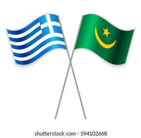 Greek and Mauritanian crossed flags. Greece combined with Mauritania isolated on white. Language learning, international business or travel concept.