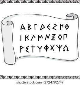 Frontera del meandro griego y pergamino antiguo con alfabeto griego. Todas las letras griegas, de alfa a omega. Letras griegas decorativas que escriben en papiro. Letras de la mano de Antiguas sobre fondo de desplazamiento de papel. Ilustración vectorial