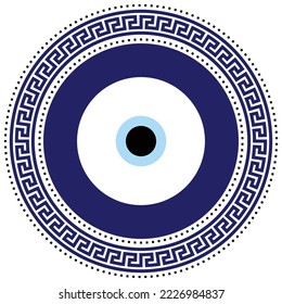 Greek meander Turkish evil eye. Mandala greek evil eye. Symbol of protection in Turkey, Greese, Cyprus. Blue Turkish Fatima's Eye. Amulet from evil eye. Nazar. Magic item, attribute