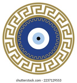 Greek meander Turkish evil eye. Mandala greek evil eye. Symbol of protection in Turkey, Greese, Cyprus. Blue Turkish Fatima's Eye. Amulet from evil eye. Nazar. Magic item, attribute