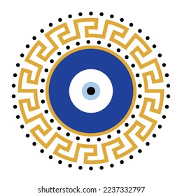 Greek meander Turkish evil eye. Mandala greek evil eye. Symbol of protection in Turkey, Greese, Cyprus. Blue Turkish Fatima's Eye. Amulet from evil eye. Nazar. Magic item, attribute