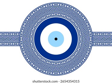 Greek meander Turkish evil eye. Mandala greek evil eye. Symbol of protection in Turkey, Greese, Cyprus. Blue Turkish Fatima's Eye. Amulet from evil eye. Nazar. Magic item, attribute	
