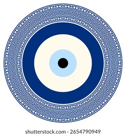 Greek meander Turkish evil eye. Mandala greek evil eye. Symbol of protection in Turkey, Greese, Cyprus. Blue Turkish Fatima's Eye. Amulet from evil eye. Nazar. Magic item, attribute