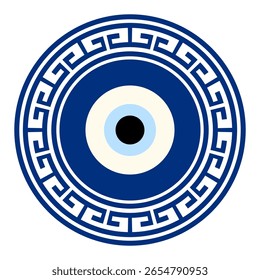 Greek meander Turkish evil eye. Mandala greek evil eye. Symbol of protection in Turkey, Greese, Cyprus. Blue Turkish Fatima's Eye. Amulet from evil eye. Nazar. Magic item, attribute