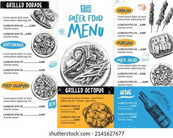 Greek menu Restaurant or cafe, food truck menu. Perfect for the street food festival, template design. Greek food. 