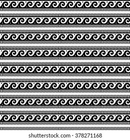 Greek minimal monochrome black and white pattern, background or ornament. Ancient style, symbols, waves