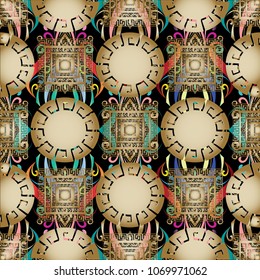 Greek modern 3d geometric seamless pattern. Vector colorful floral background. Hand drawn vintage flowers, dots, leaves, circles, mandalas, squares, frames. Gold abstract greek key meanders ornament.