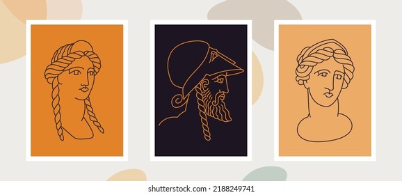Greek modern faces portraits in one line style. Various Antique busts. Heads of women and warrior. Perfect for apparel prints, wall decoration, modern exhibition, minimalist posters, textile, cards.