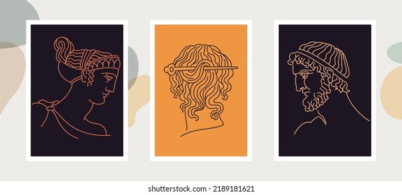 Greek modern faces portraits in one line style. Various Antique busts. Heads of woman and athlete. Perfect for apparel prints, wall decoration, modern exhibition, minimalist posters, textile, cards.