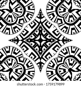 Greek modern vector seamless pattern. Abstract tribal ethnic background. Repeat black and white backdrop. Geometric ornaments with lines, mazes, shapes, rhombus. Greek key meanders trendy design.