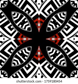 Patrón vectorial griego moderno sin fisuras. Resumen de antecedentes étnicos tribales. Repita el fondo rojo blanco negro. Ornamentos geométricos con líneas, laberintos, formas, mandalas. La clave griega serpentea el diseño moderno.