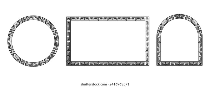 Greek monochrome ornament frames in various shapes. Classic reek motif border frames set. 3 black ornamental in ethnic style borders. Circle, rectangle, arc.