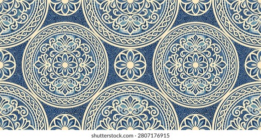 Greek mosaic pattern with circular stone tiles and ancient wave motifs. Mediterranean floor design featuring traditional cobblestone texture and seamless Roman borders.