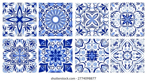 Greek mosaic tile pattern with traditional italian, spanish ornament, abstract vector borders on white background. Blue geometric design, floor or wall portuguese azulejo style, vintage floral motif