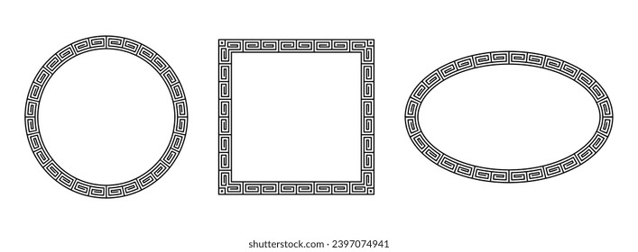 Greek motif border frames set. 3 black ornamental in ethnic style frames. Circle, square, oval. Ancient geometric decorative tiles. Vector