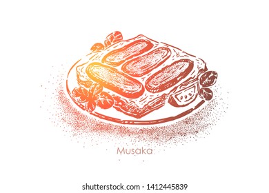 Greek musaka, layered dish, aubergines with olive oil, mutton and tomatoes with bechamel sauce