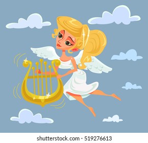 Greek muse character playing harp. Vector flat cartoon illustration