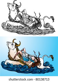 Greek myth: The Abduction of Europa by Zeus (black and white and color pictures)