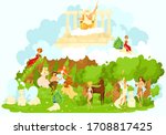 Greek mytholgy, ancient gods cartoon mythological olympic gods symbolizing the favor and protection flat vector illustration. Artemis, Poseidon, Aphrodite, Hera, Apollo, Zeus, Athena greek gods.
