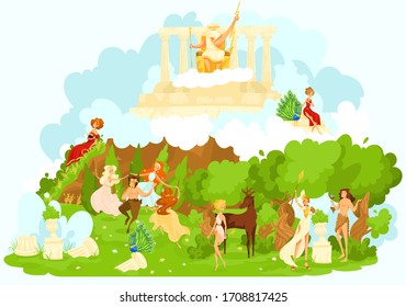 Greek mytholgy, ancient gods cartoon mythological olympic gods symbolizing the favor and protection flat vector illustration. Artemis, Poseidon, Aphrodite, Hera, Apollo, Zeus, Athena greek gods.