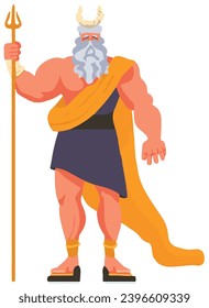 Greek mythological character Zeus, who lives on Mount Olympus, wears a toga, like a warrior he carries a spear, crown and bracelets. He is very muscular.