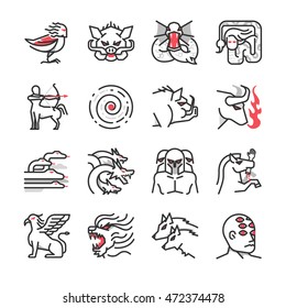 Greek mythological creatures icon. Included the icons as monster, centaur, dragon, harpy, titan, creatures and more.