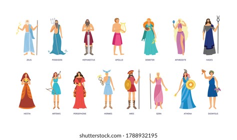 Juego de personajes de mitología griega - colección de diosas y diosas de la Antigua Grecia. Gente aislada en ropa antigua olímpica con símbolos divinos, ilustración vectorial.